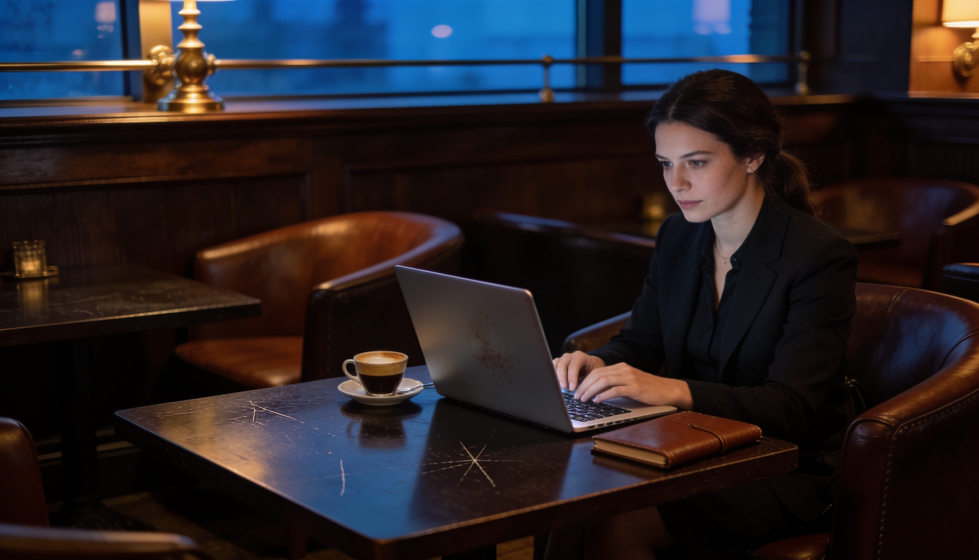 Woman working on a laptop in a dimly lit café booth, with a coffee cup on the table.