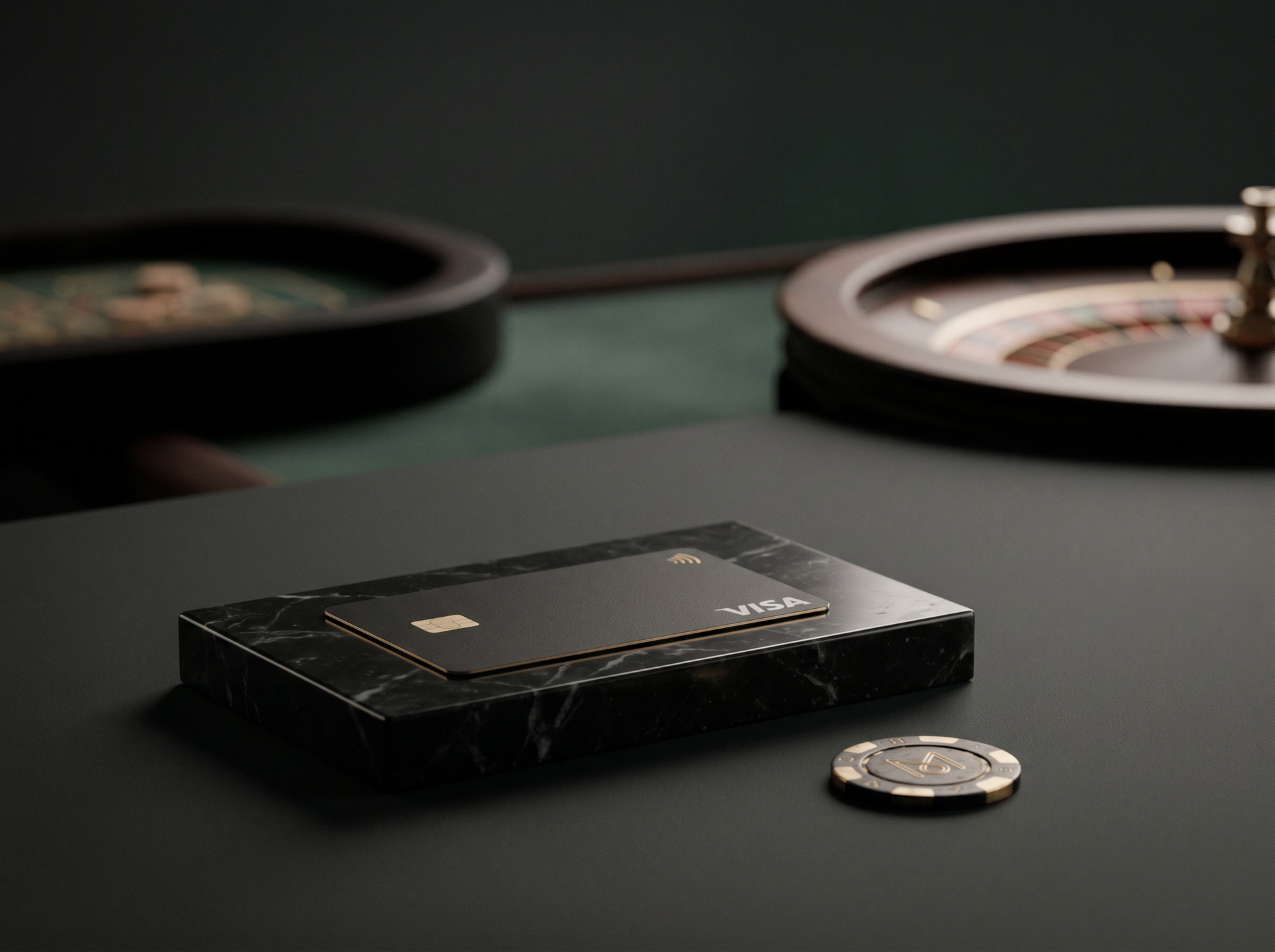 Black cassette tape and coin on a dark tabletop, with blurred reels in the background.