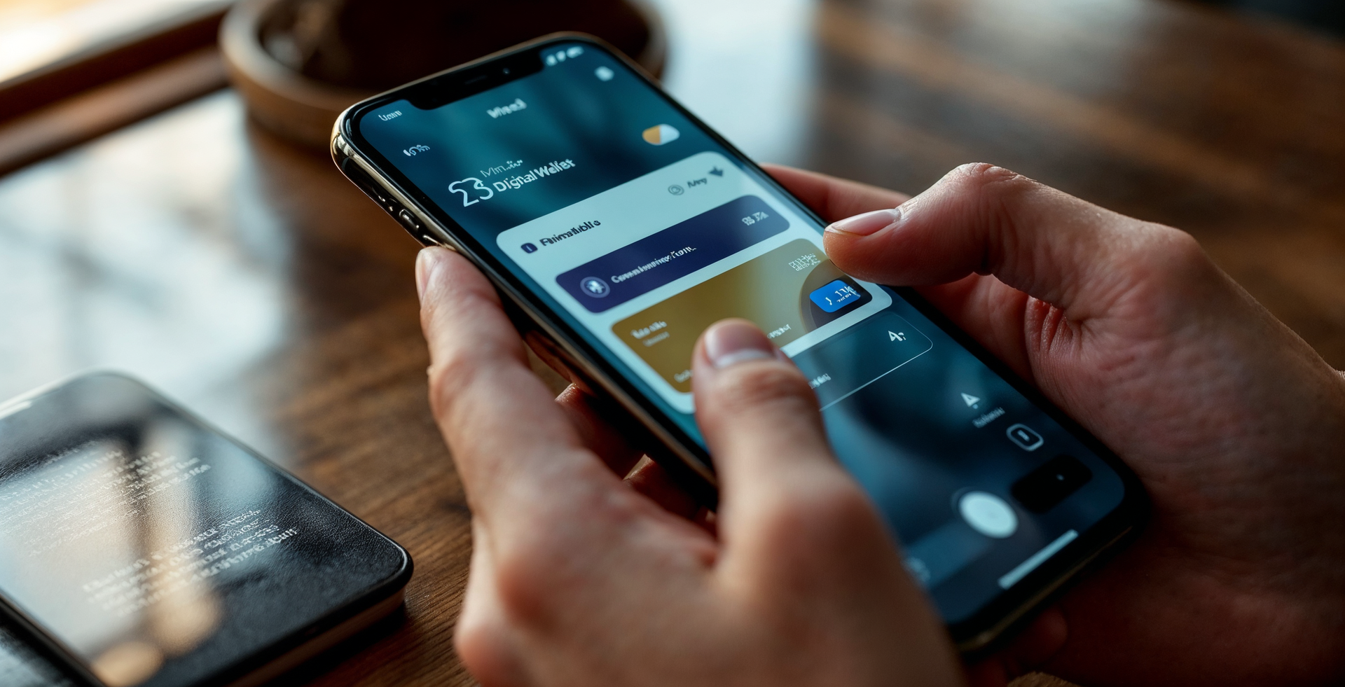 Hands using a smartphone for a mobile payment on a table with a wallet nearby
