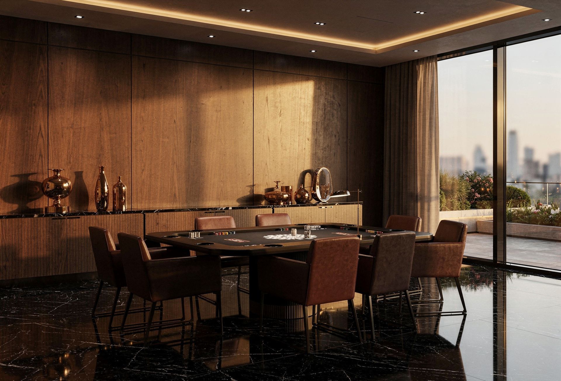 Modern dining room with a wooden table, chairs, and floor-to-ceiling windows overlooking a city skyline