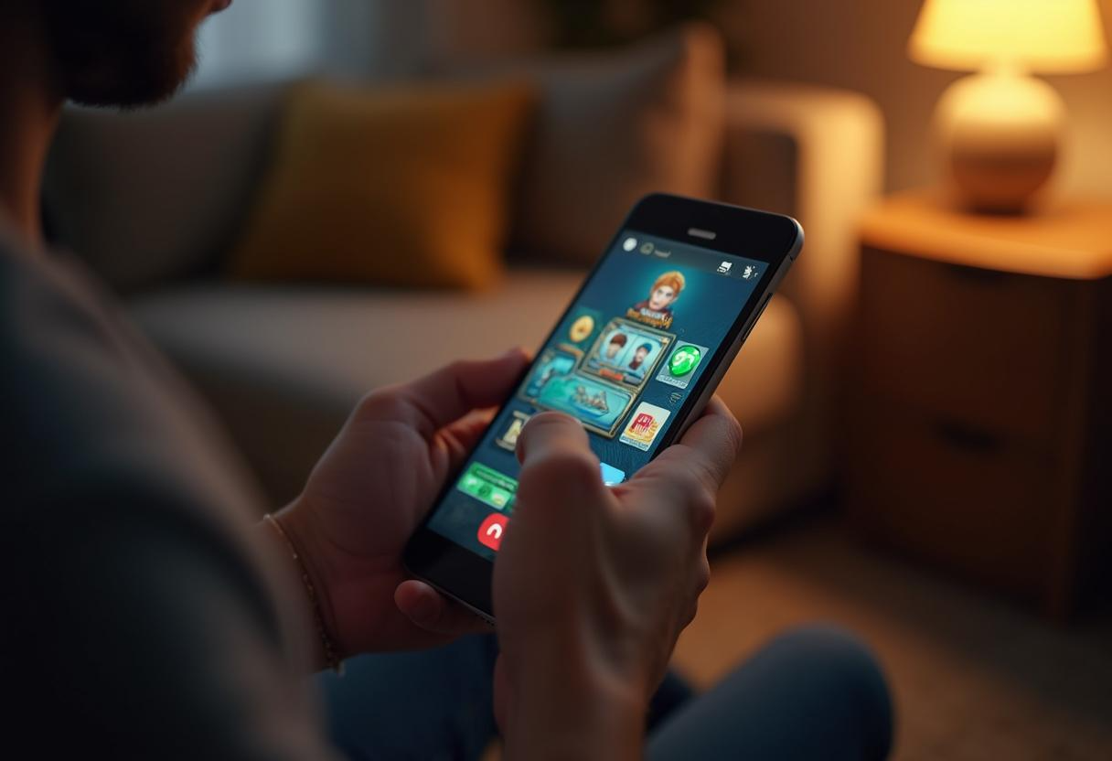 Person using a smartphone in a dim living room beside a warm lamp