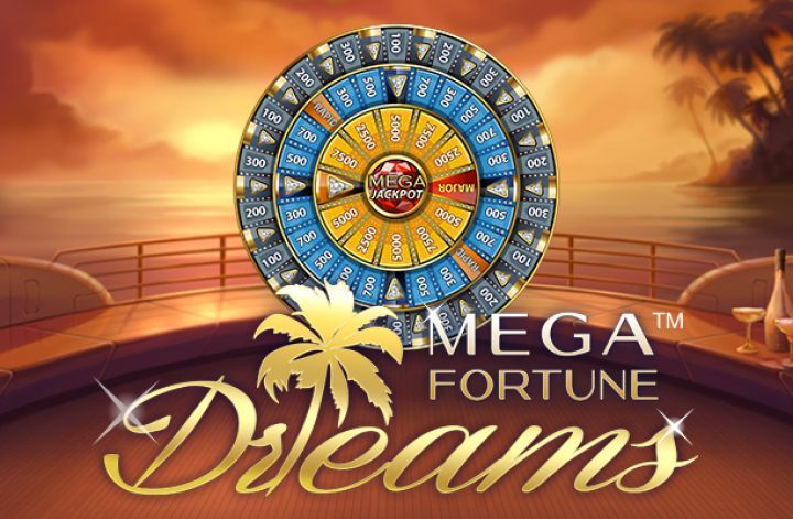 Mega Fortune Dreams slot game logo with a glowing prize wheel at sunset on a cruise deck