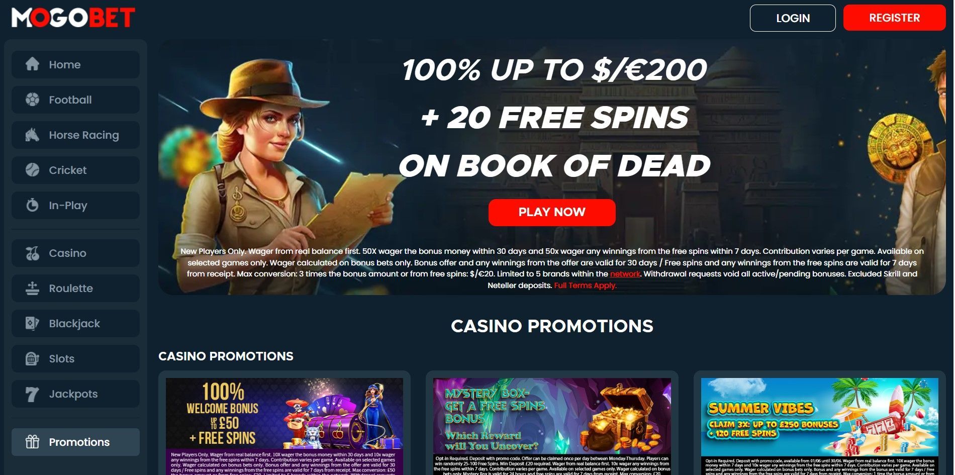 Casino website homepage with dark blue banner, cowboy character, and “100% up to $/€200 + 20 free spins” promo text