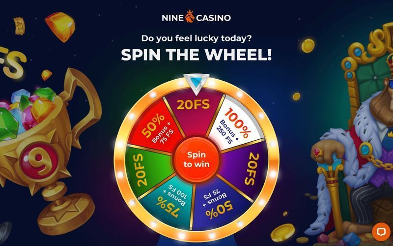 Nine Casino promo with colorful prize wheel and text “Do you feel lucky today? SPIN THE WHEEL!”