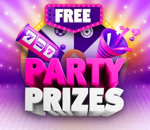 Neon purple party prizes graphic with a FREE banner, candy, and gift box icons