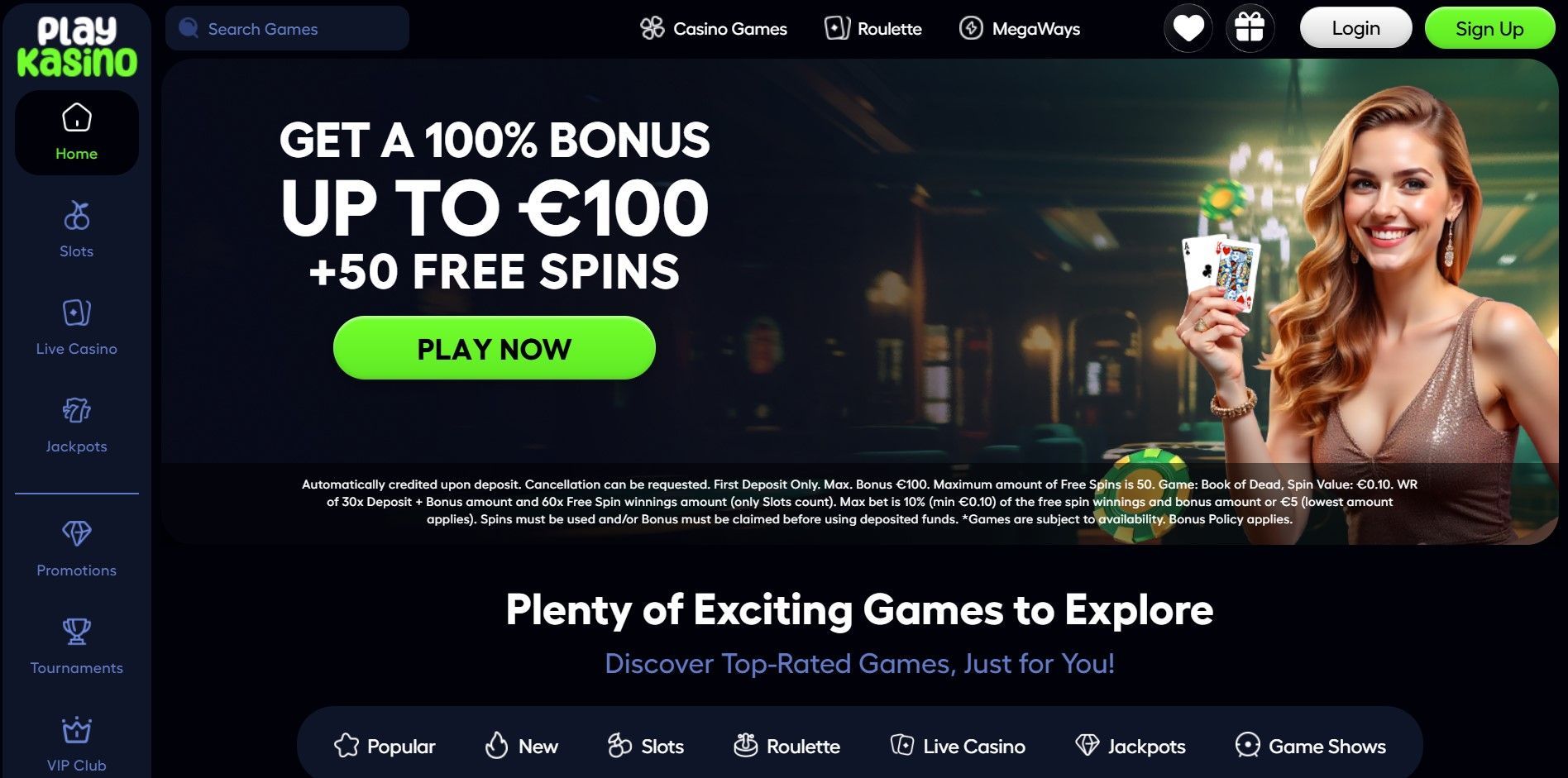 Playkasino Casino homepage banner with 100% bonus up to €100 and 50+ free spins, green play now button, smiling woman holding cards
