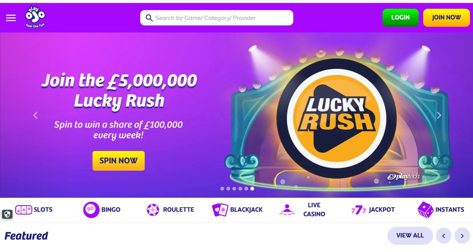Website banner for “Lucky Rush” with purple background, gold wheel, and “Join the £5,000,000 Lucky Rush” text