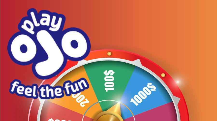 Play Ojo feel the fun logo beside a colorful spinning prize wheel on a red-orange background