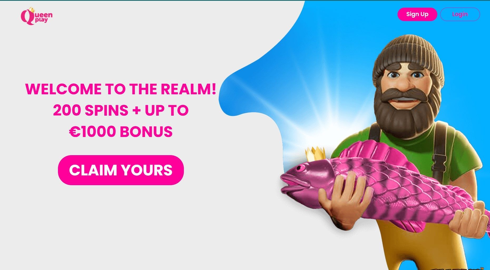 Promo banner for Qour: “WELCOME TO THE REALM! 200 SPINS + UP TO €1000 BONUS” with a “CLAIM YOURS” button and cartoon character holding fish