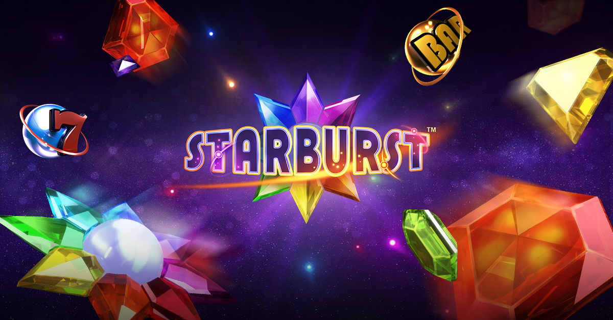 Starburst game logo on a purple cosmic background with colorful glowing gems floating around it