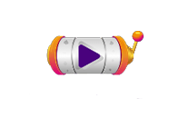 Purple play button on a white cylindrical device with orange ends and a small orange antenna