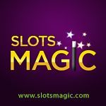 Slots Magic logo on a purple background with yellow text and stars, plus website URL below