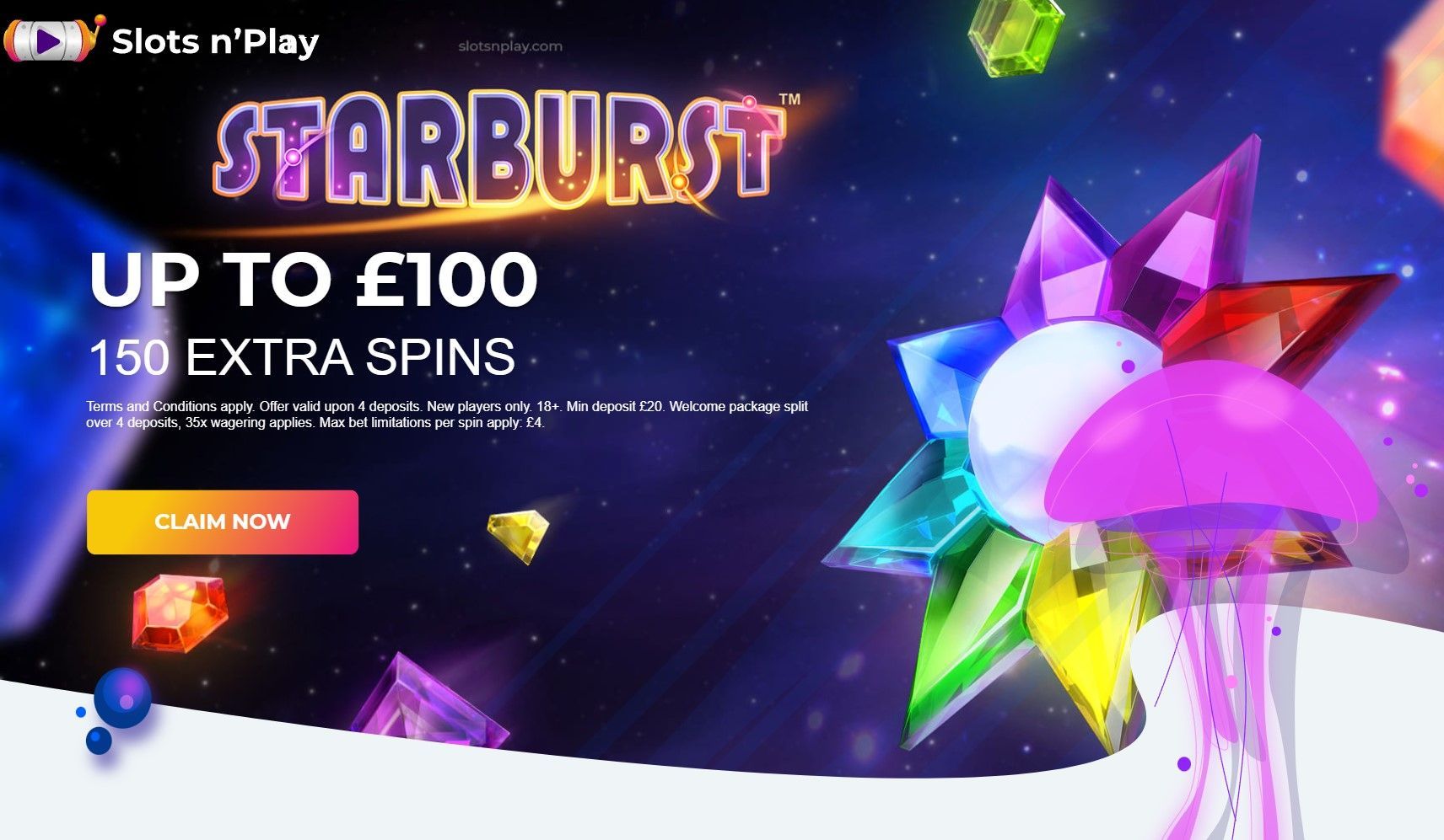 Starburst casino promotion with “Up to £100” and “150 extra spins” on a colorful neon space background