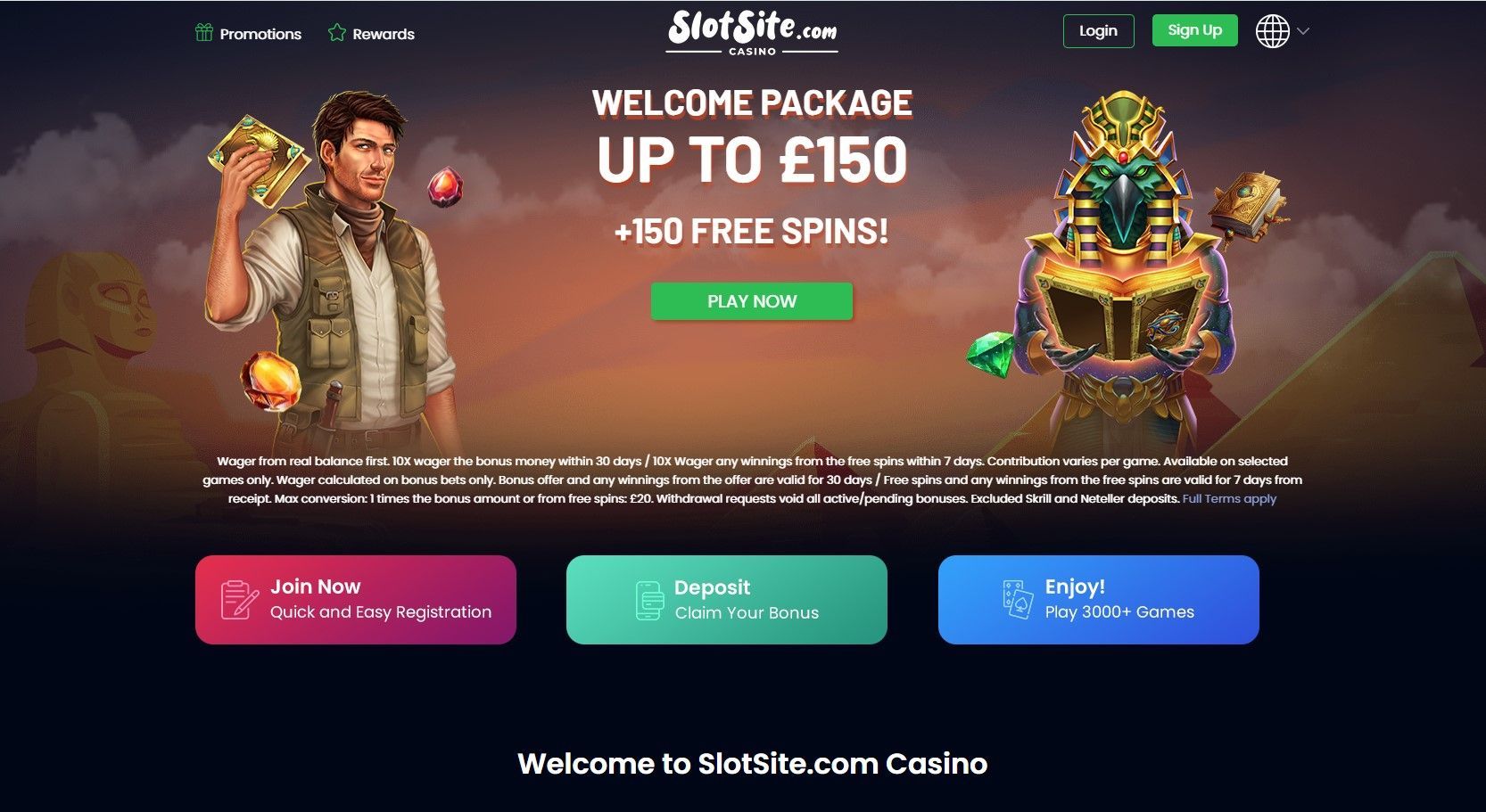 Online casino homepage banner promoting welcome package up to €150 and free spins, with bonus offer buttons