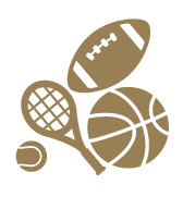 Brown icons of a tennis racket, basketball, football, and baseball on a white background