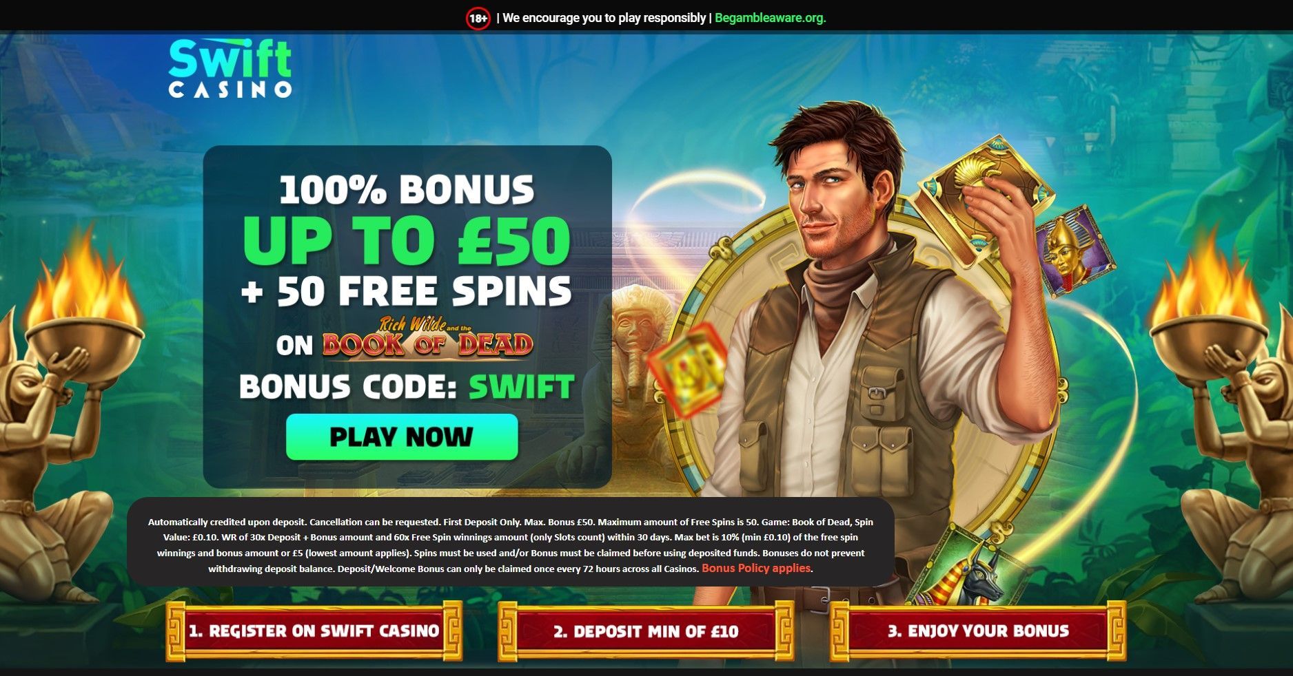 Swift Casino promo banner with knight, green $50 bonus offer, free spins, and play now button