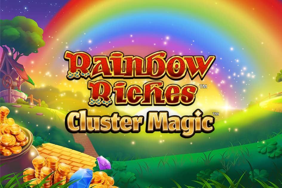 Rainbow Dice Cluster Magic game title over a glowing rainbow landscape with dice and crystals