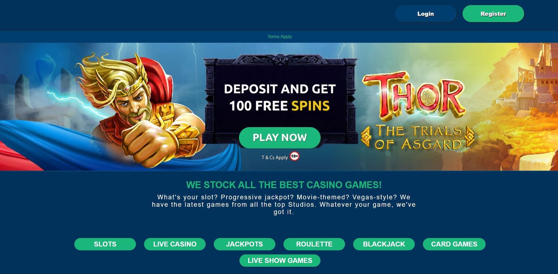 Thor-themed casino promo banner with “Deposit and Get 100 Free Spins” offer and play buttons