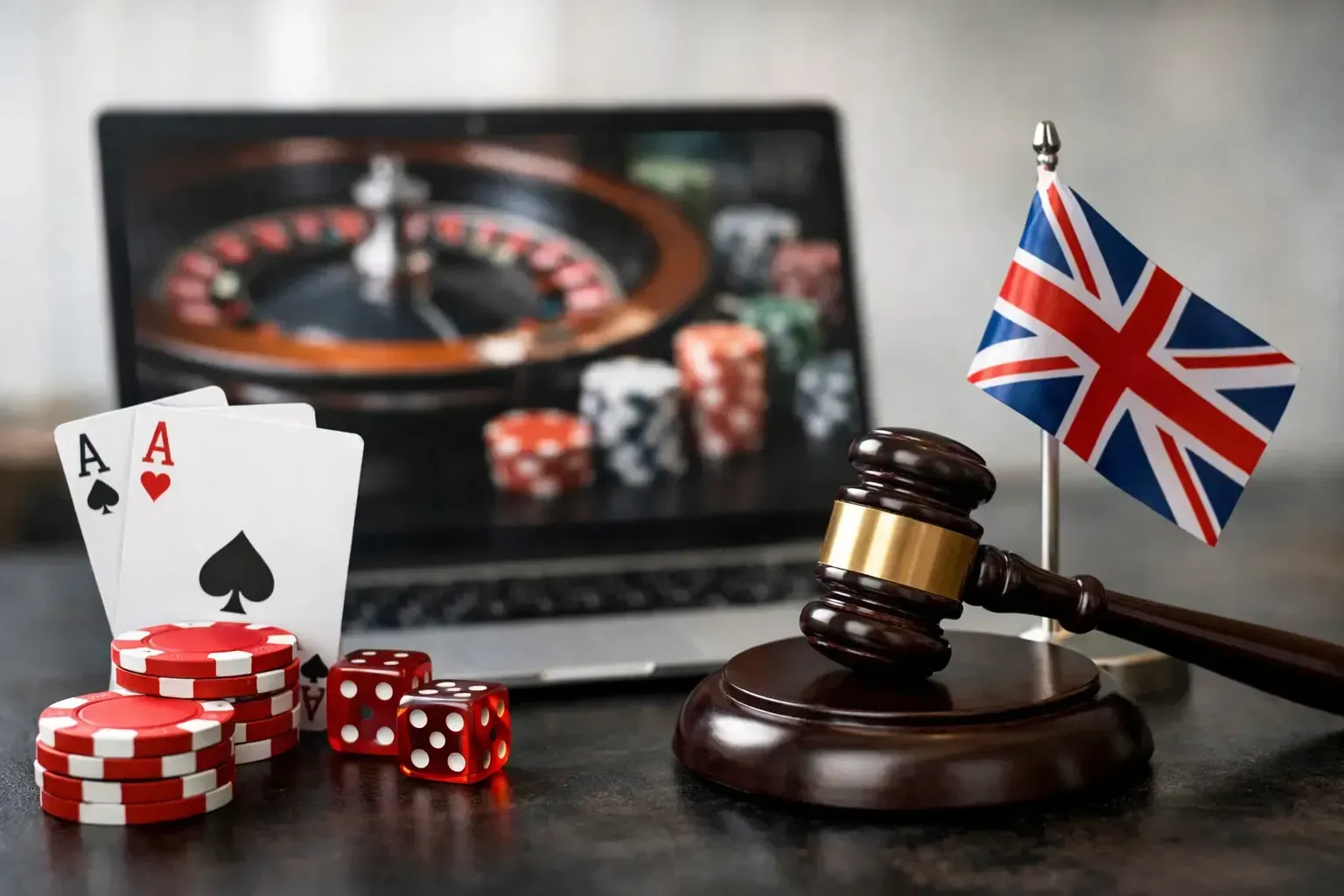 Poker chips, playing cards, a gavel, and a UK flag in front of a casino roulette wheel on a laptop screen