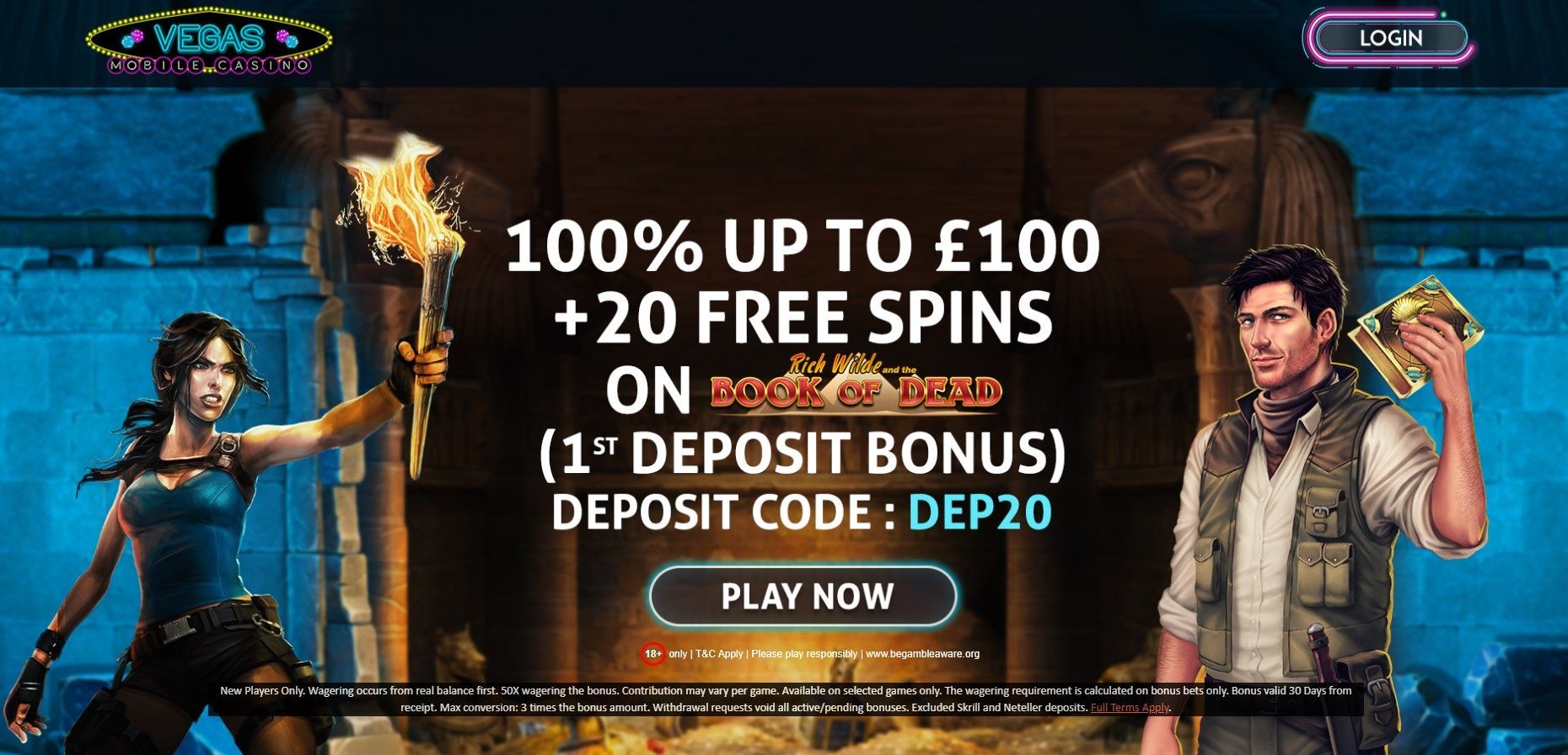 Casino promo banner with slot bonus offer: 100% up to £100 plus 20 free spins and promo code DEPO2.