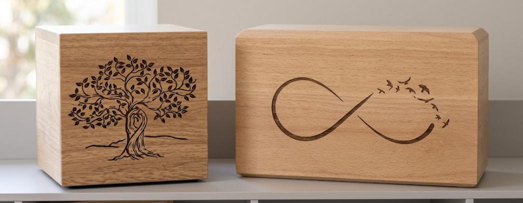 Due blocchi di legno con disegni incisi: un albero a sinistra e il simbolo dell'infinito a destra.