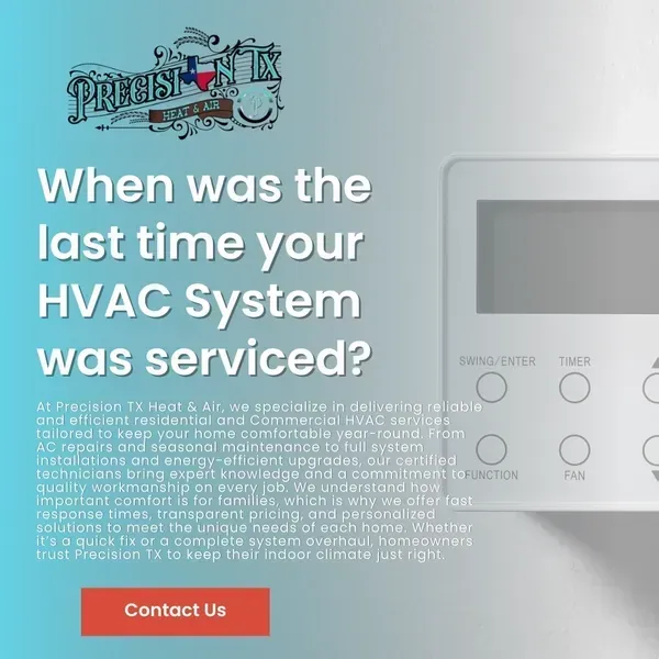HVAC service ad with thermostat, blue-gray background, and “Contact Us” button
