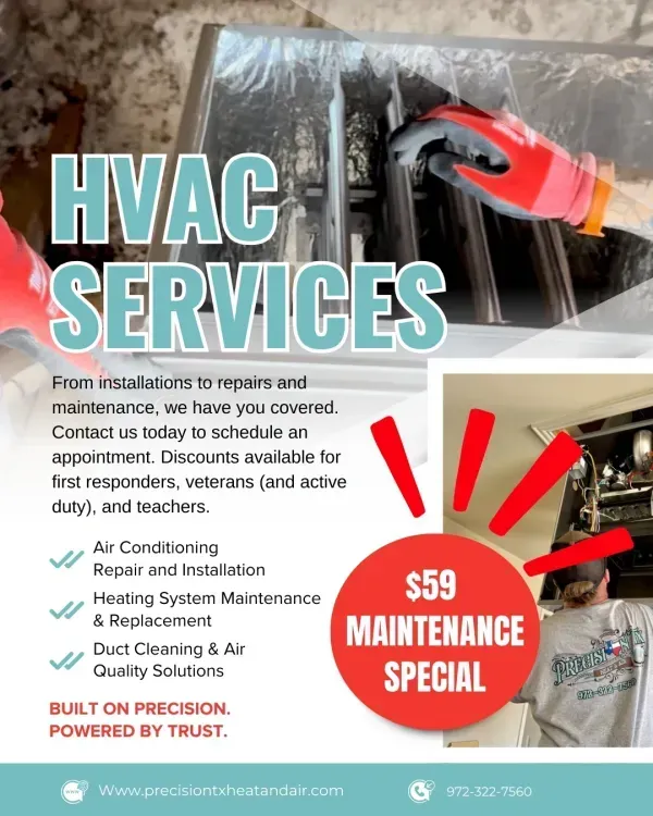 HVAC services ad with technician, air ducts, checklist, and red “$59 maintenance special” badge