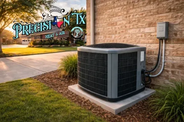 Large outdoor HVAC unit beside a brick wall with Precise Air TX sign in the background