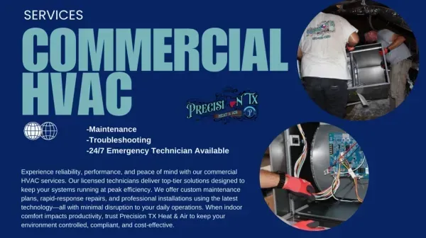 Blue commercial HVAC service ad with technicians working on ductwork and equipment in inset photos