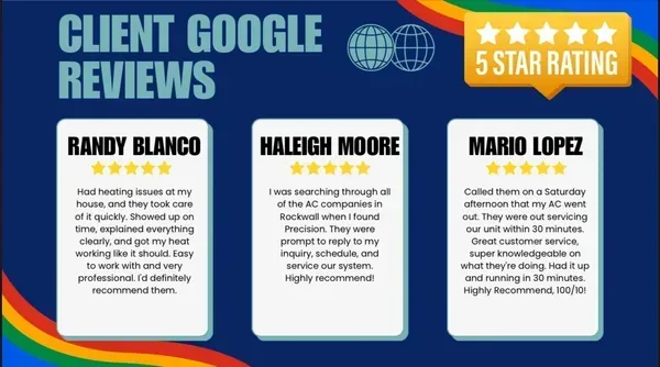 Blue “Client Google Reviews” graphic with three review cards and a gold 5-star rating badge