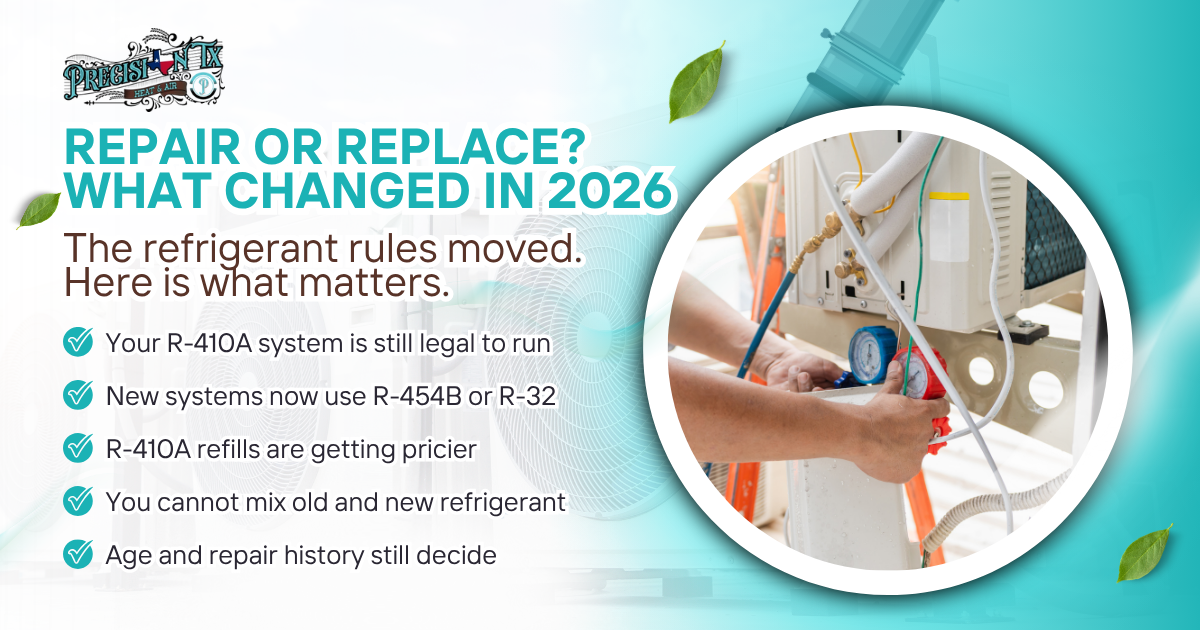 Refrigerant rules update 2026 with technician handling HVAC pipes and a checklist on the left