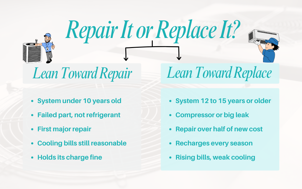 Infographic titled “Repair It or Replace It?” with repair and replacement signs and bullet points.