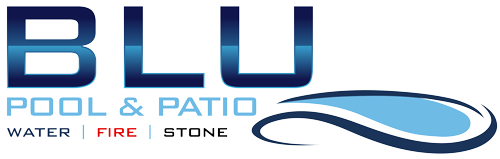 BLU Pool & Patio logo with blue lettering and wave graphic, plus WATER FIRE STONE text