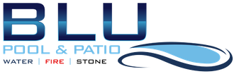 BLU Pool & Patio logo with blue lettering and wave graphic, plus WATER FIRE STONE text