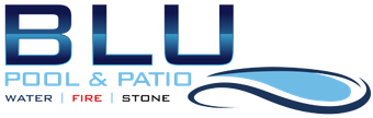 BLU Pool & Patio logo with blue lettering and wave graphic, plus WATER FIRE STONE text