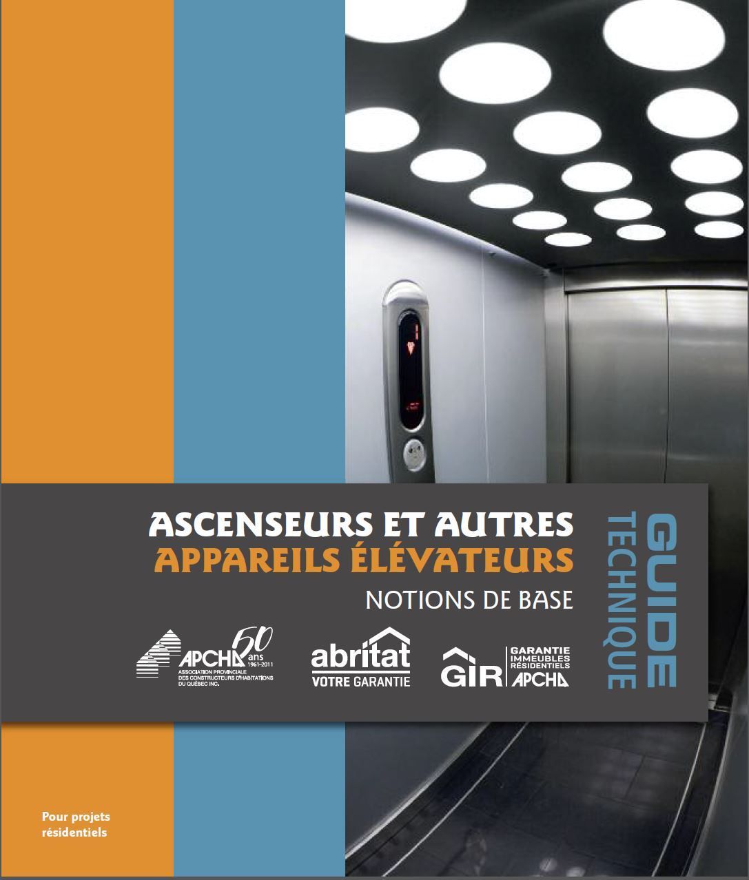 Couverture de guide français pour ascenseurs, avec intérieur d'ascenseur et design orange-bleu vif