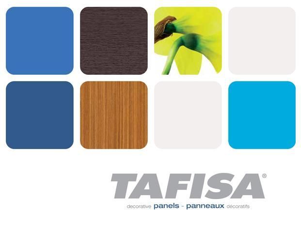 Logo Tafisa avec des échantillons de matériaux en bois, en couleur unie et en vert abstrait