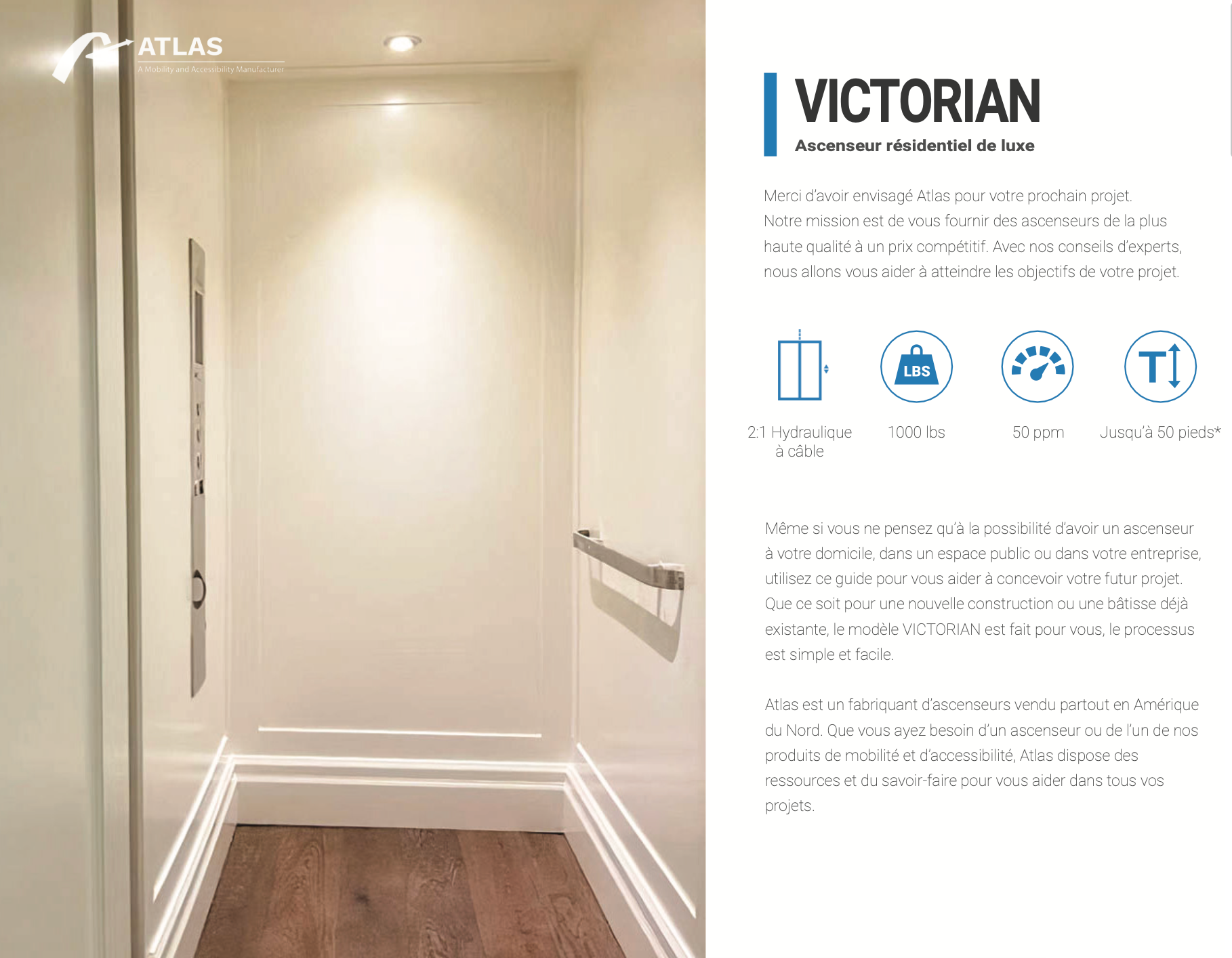 Couloir étroit et lumineux aux murs blancs et au parquet, jouxtant une fiche descriptive de maison victorienne.