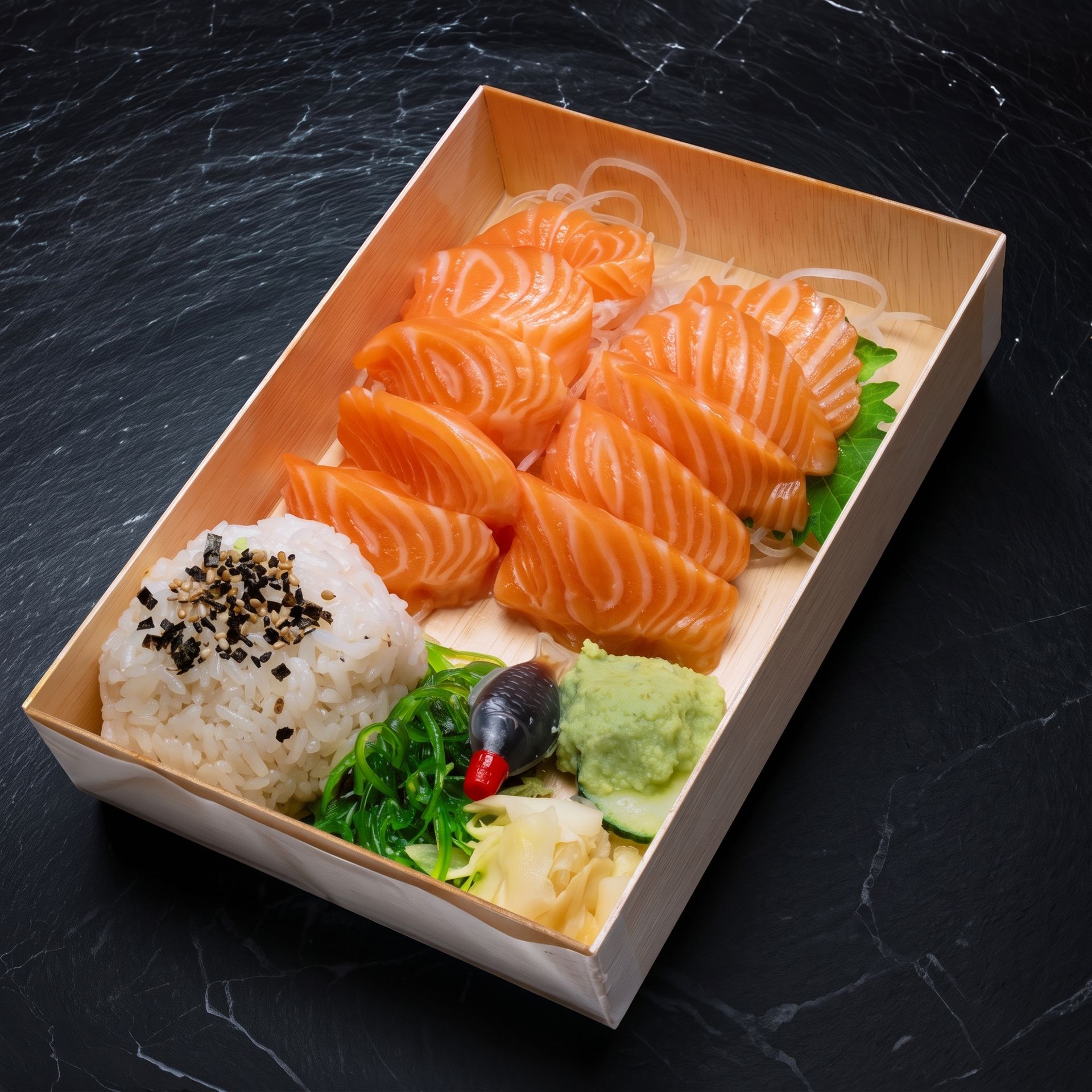 Salmon sashimi bento with rice, wasabi, pickles, and greens in a wooden tray