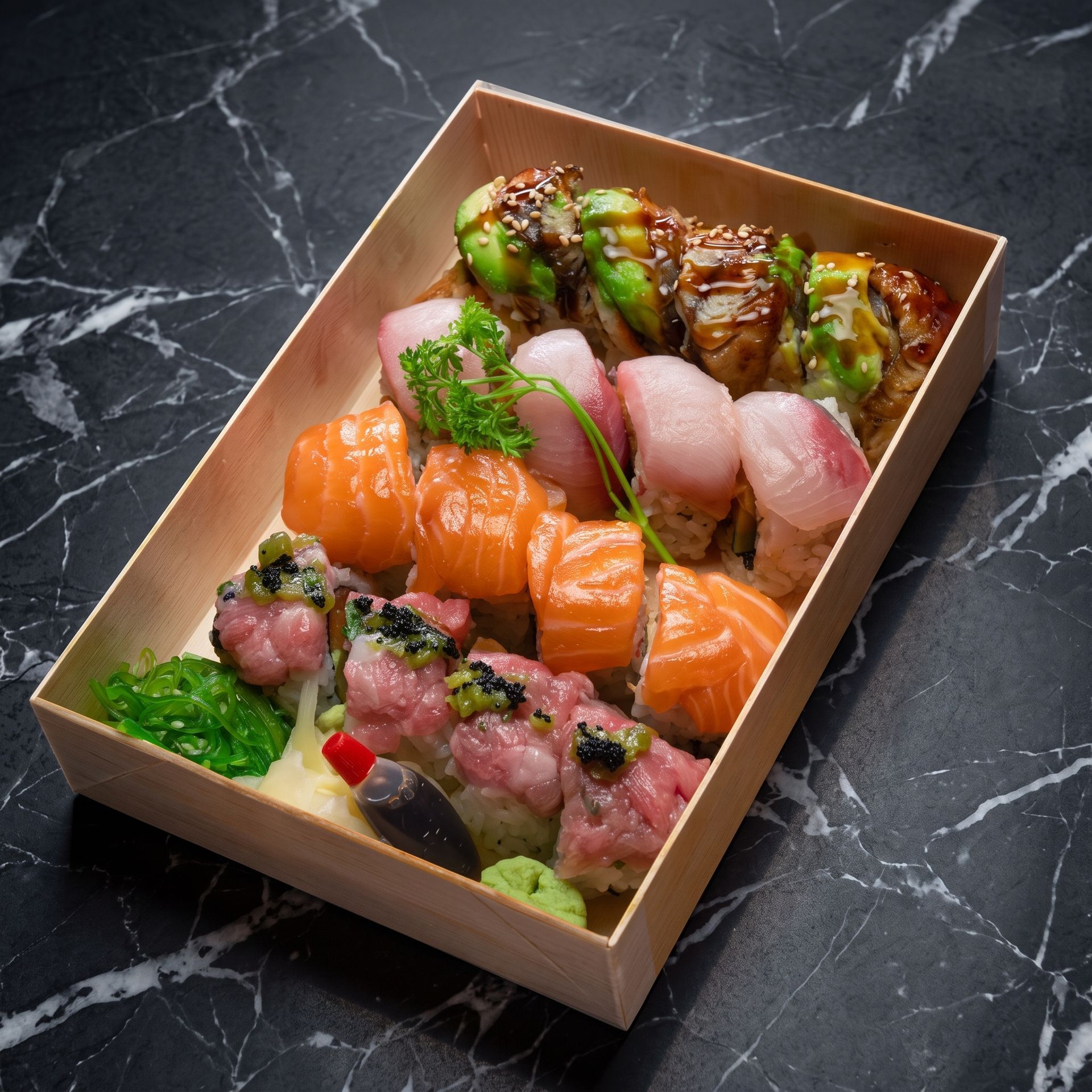 Assorted sushi pieces in a takeout box on a dark marble surface