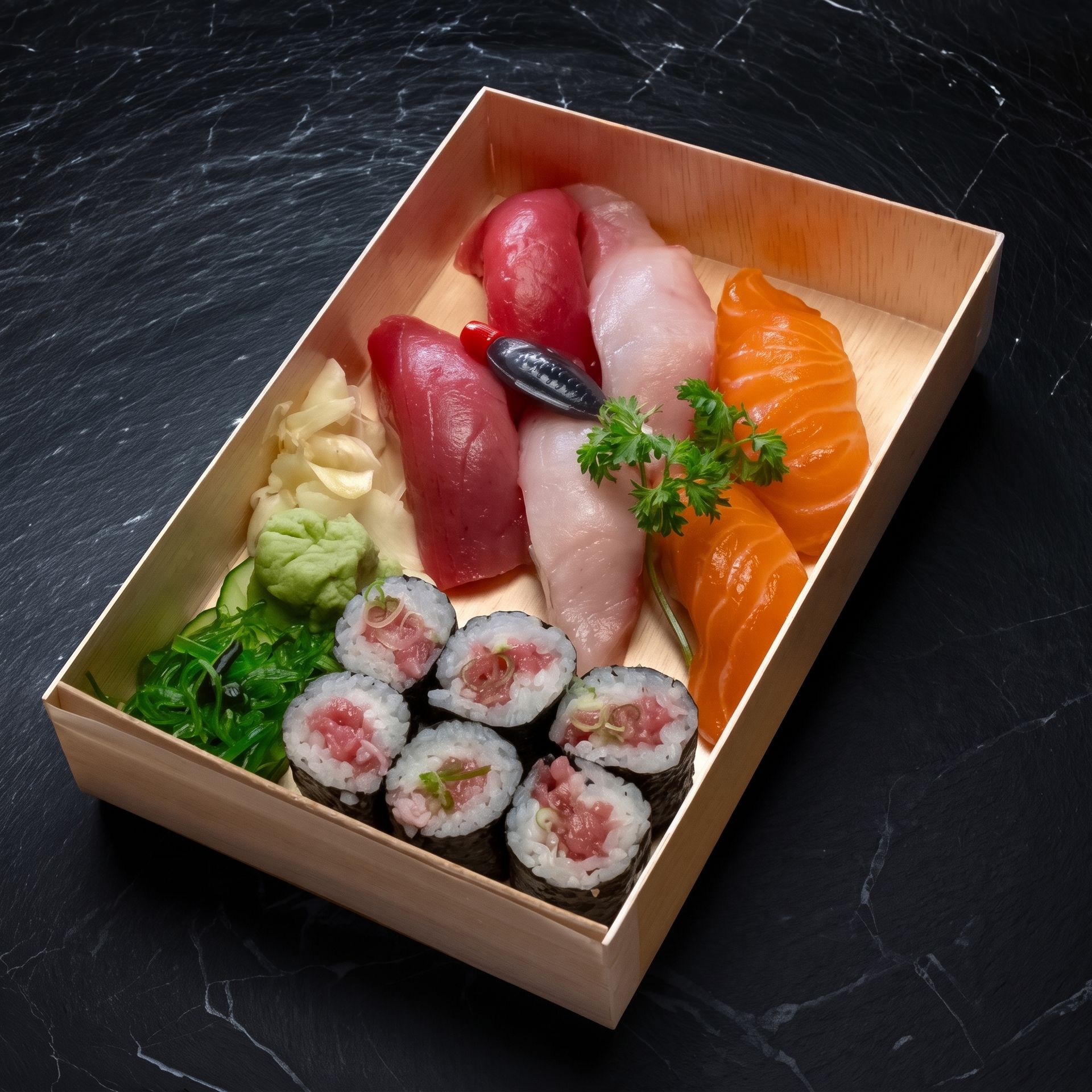 Assorted sushi in a wooden box on a dark marble surface, with green garnish and soy sauce container.