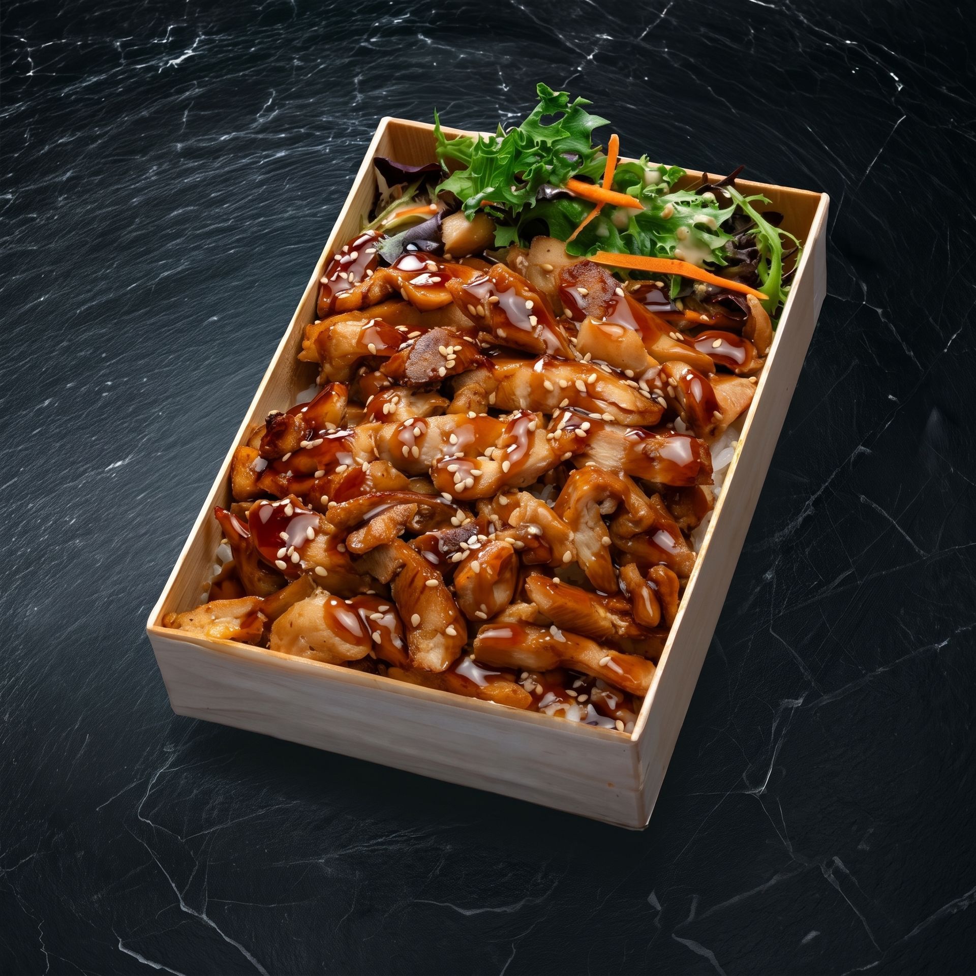 Wooden tray of glazed stir-fried noodles with greens and carrot garnish on a dark slate surface