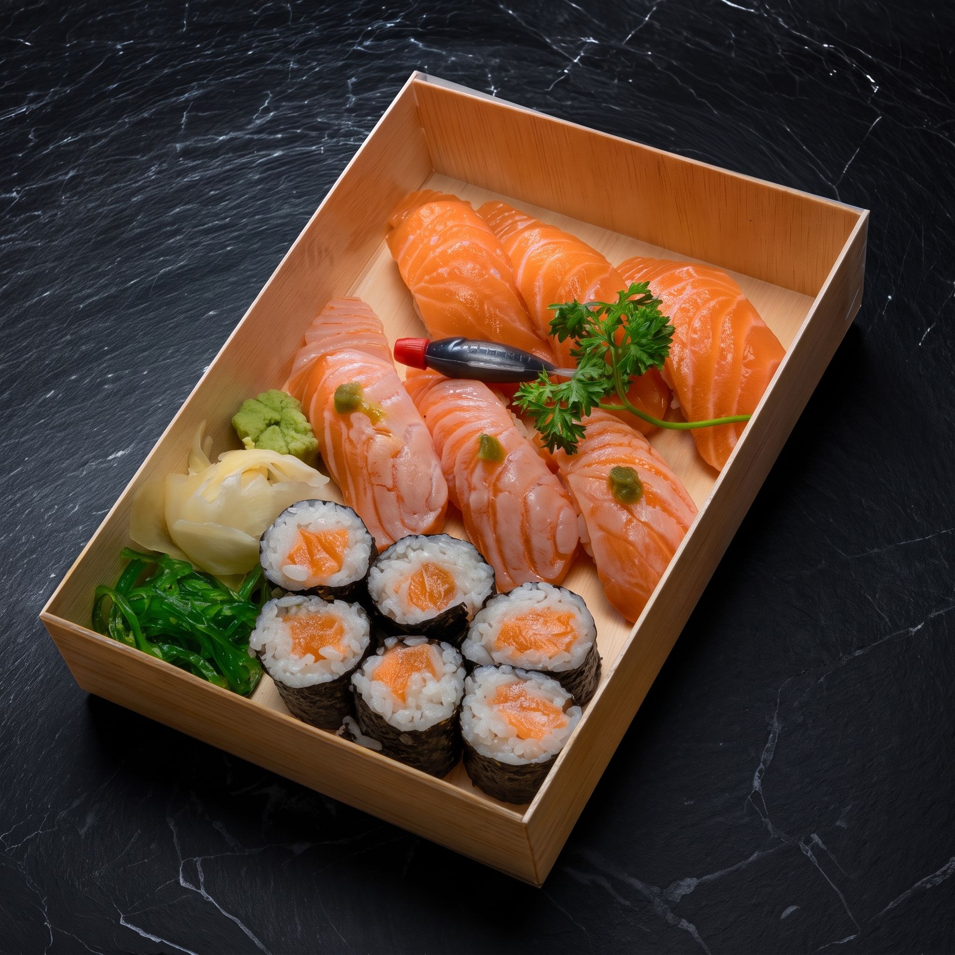 Assorted sushi in a brown takeout box on a dark marble surface