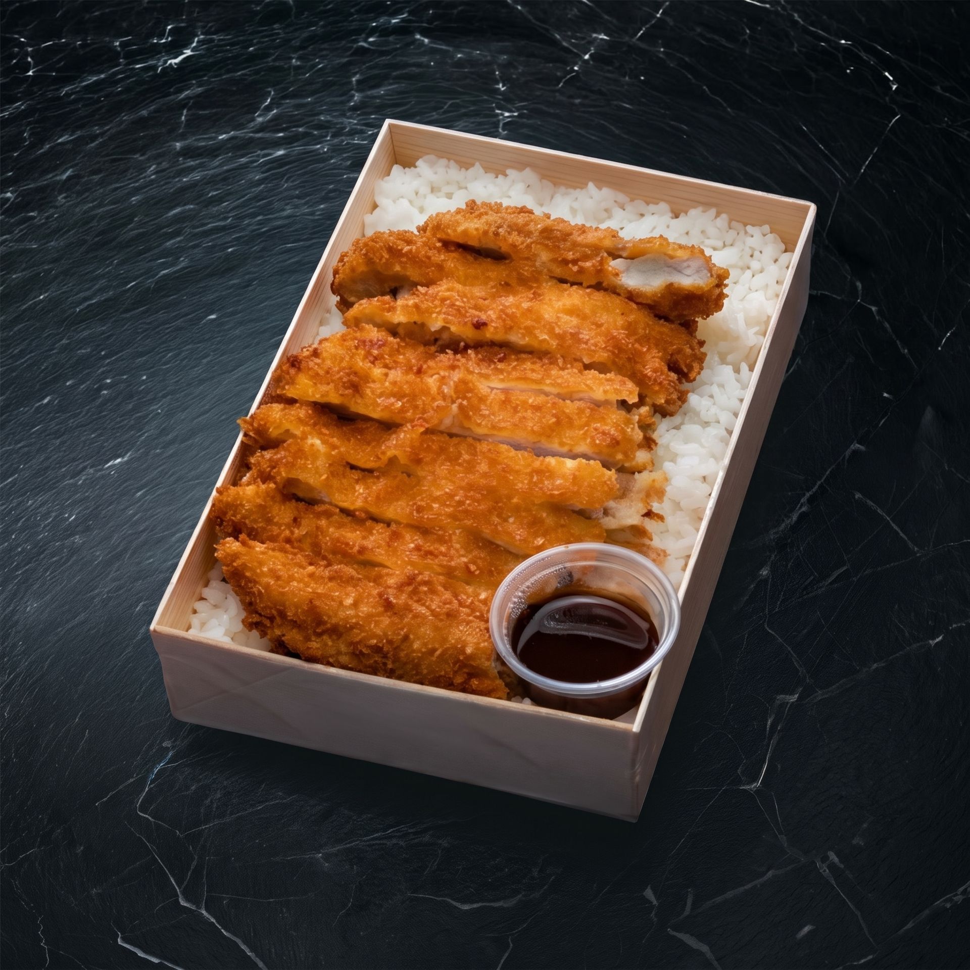 Fried breaded cutlet on rice in a takeout box with dipping sauce