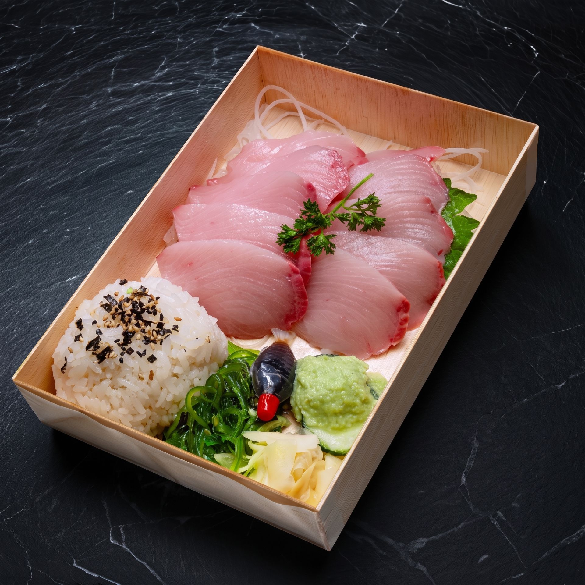 Assorted sashimi and sushi rice in a wooden tray on a dark table, garnished with wasabi and pickles