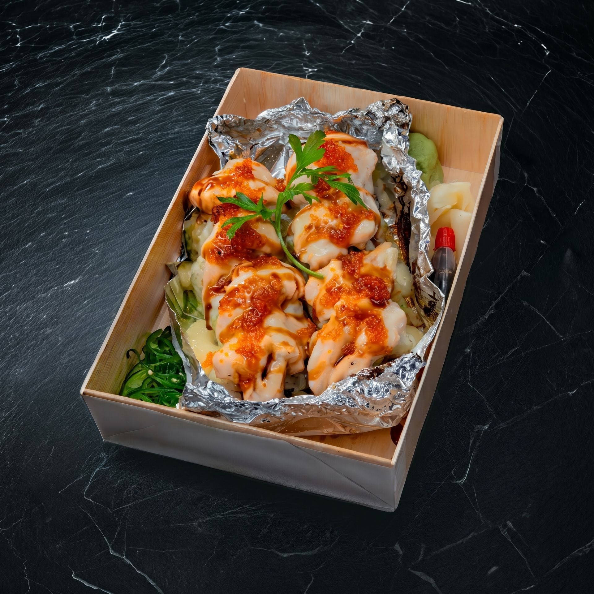 Box of foil-wrapped grilled seafood topped with sauce and herbs on a dark surface