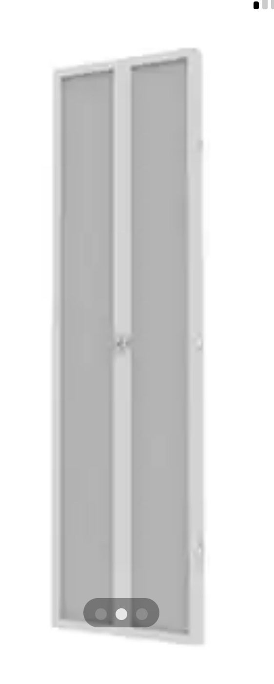 White, double-door cabinet with frosted glass panels and a simple central handle, standing upright.