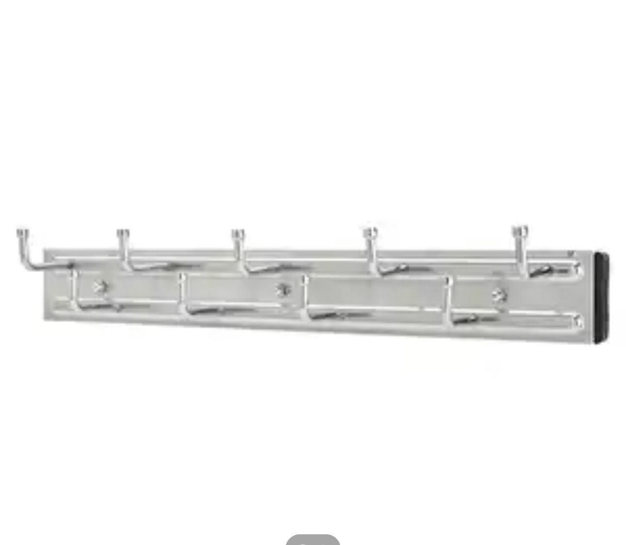 Silver metal wall-mounted coat rack with six hooks, set against a white wall.