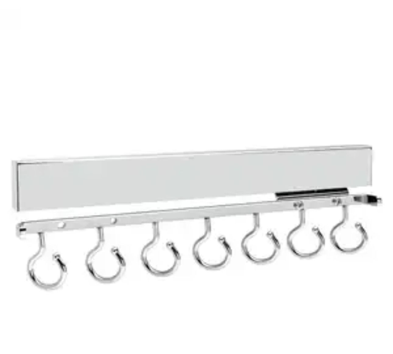 Silver metal wall-mounted hook rack with seven curved hooks, against a white background.
