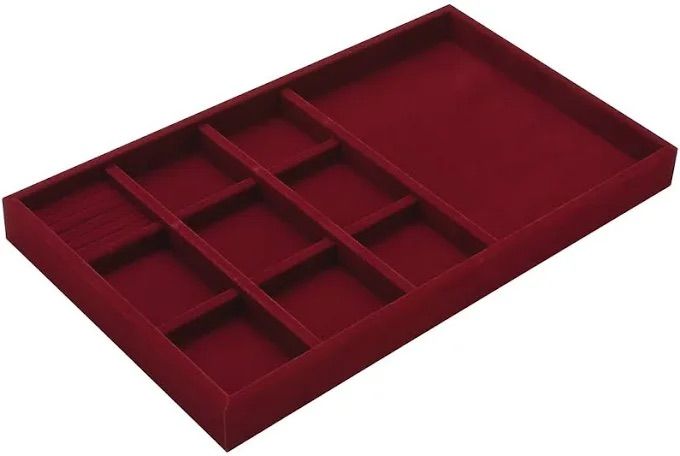 Maroon velvet jewelry tray with compartments.